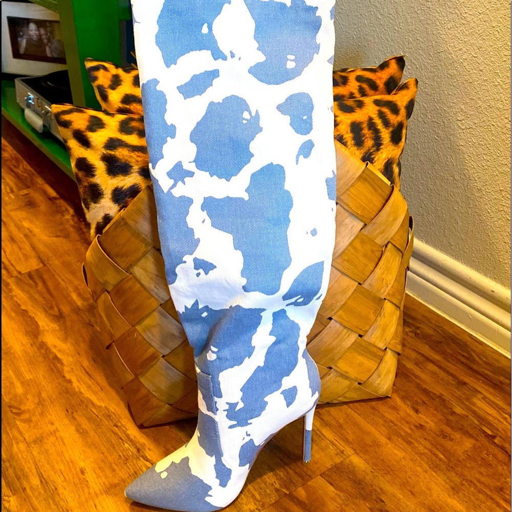 Knee high blue and white boots (denim)